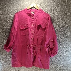 Chico’s Linen Jacket Shirt Roll Tab Sleeve Pink 3/4 Sleeve Pockets Button Up 2 L